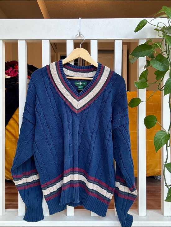 Hunt Club Other - Hunt Club Navy V-Neck Cable Knit Sweater with Cream & Burgundy Trim